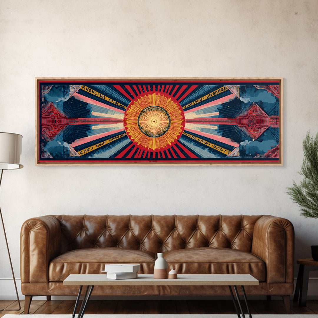 Cosmic Golden Sunburst Space Chart Wall Art, Mid Century Modern Abstract, Atomic Retro Poster, Blue Red Panoramic Canvas Print