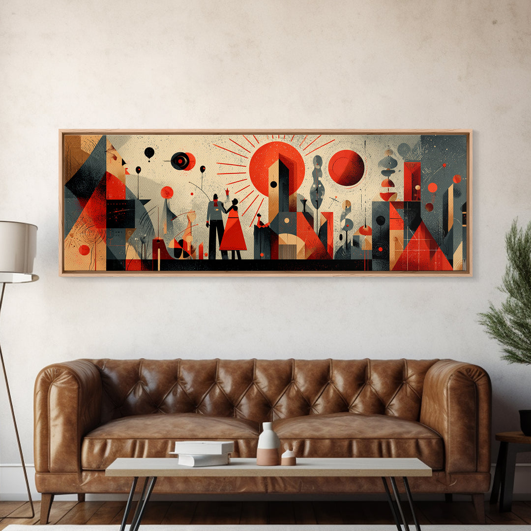 Geometric Red Sun City With Figures Wall Art, Mid Century Modern Abstract Poster, Bauhaus MCM Decor, Panoramic Canvas Print
