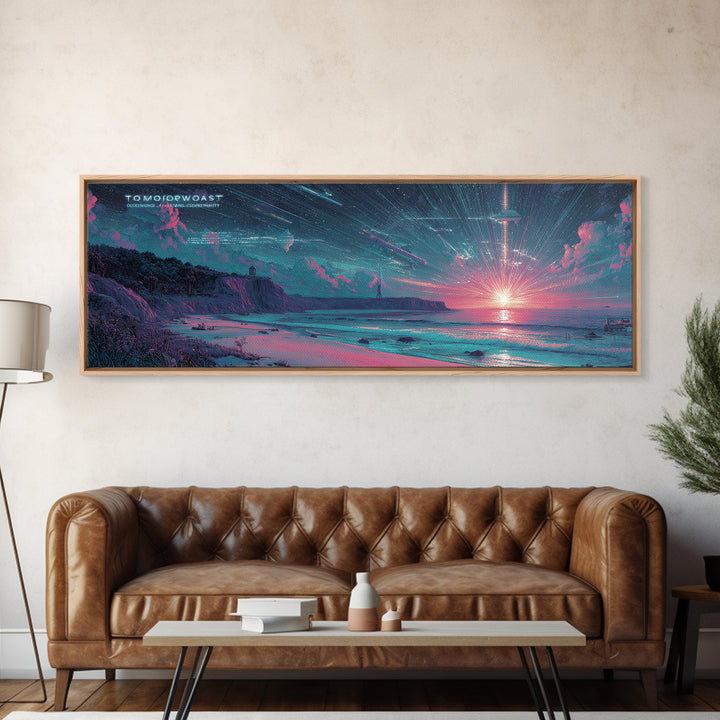 Futuristic Neon Beach Sunset With Star Trails, Sci Fi Coastal Wall Art, Retro Modern Poster, Space Abstract Art Print Decor