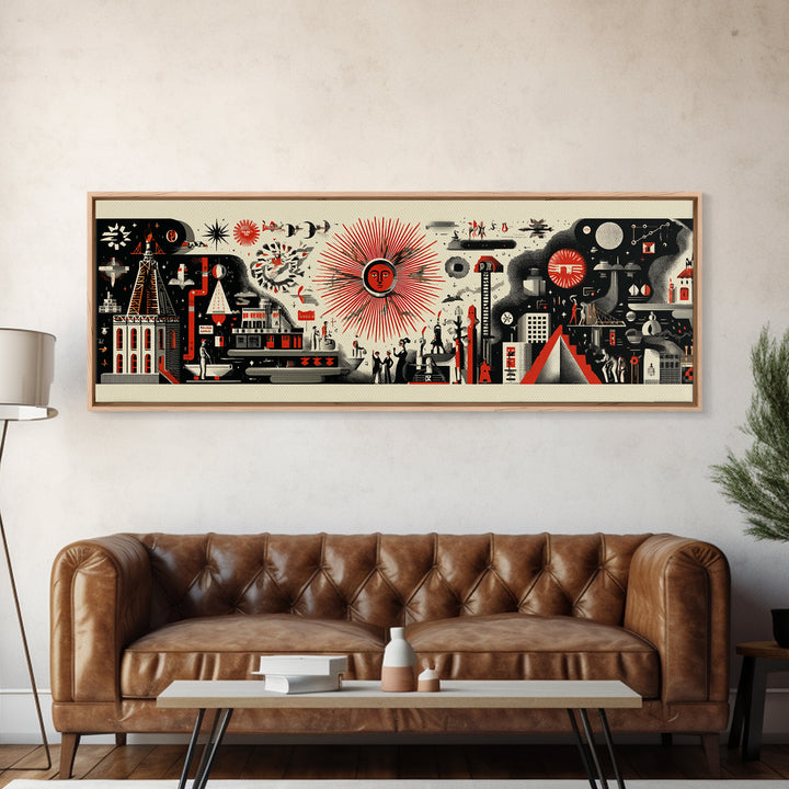 Surreal Red Sun Town Collage Wall Art, Mid Century Modern Folk Abstract Poster, Black Cream Retro Decor, Panoramic Canvas Print