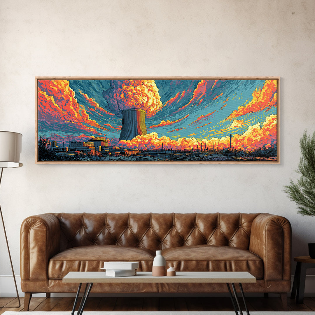 Nuclear Skyline With Orange Cloud Wall Art, Atomic Retro Poster, Midcentury Modern Art, Sci Fi Industrial Wall Decor, Home Office Decor