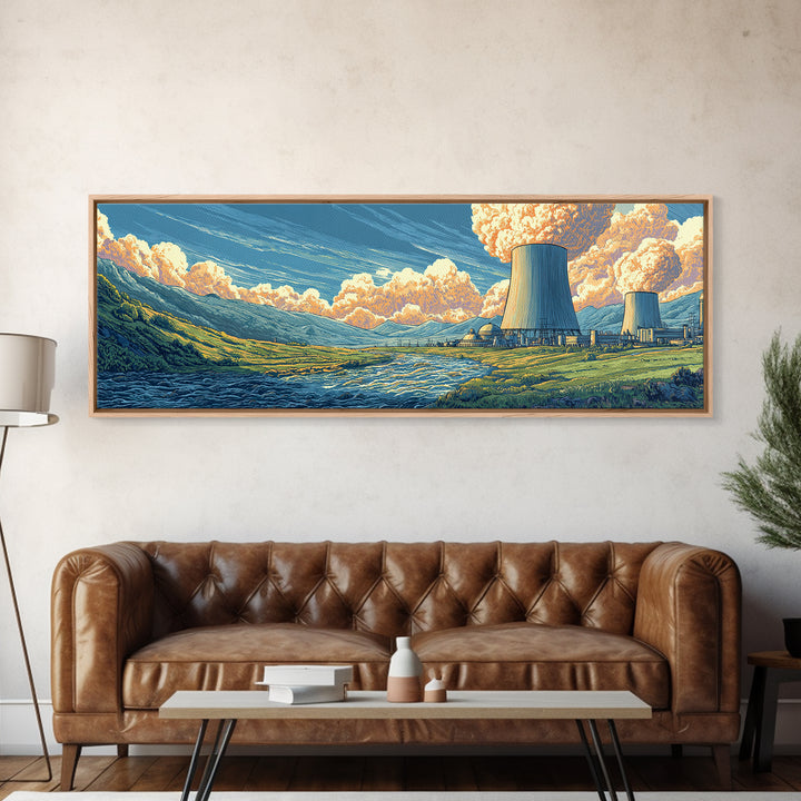 River Valley Nuclear Towers Framed Canvas Print, Scenic Retro Wall Art, Midcentury Modern Decor, Landscape Poster, Home Office Art