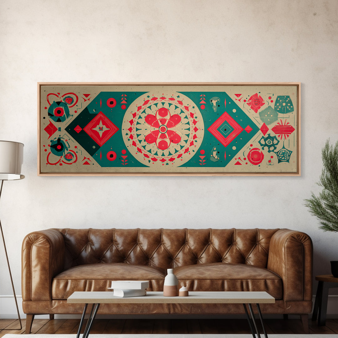 Red Green Mandala Flowers And Diamonds Canvas Print, Geometric Wall Art, Midcentury Modern Decor, Retro Pattern Poster, Home Decor