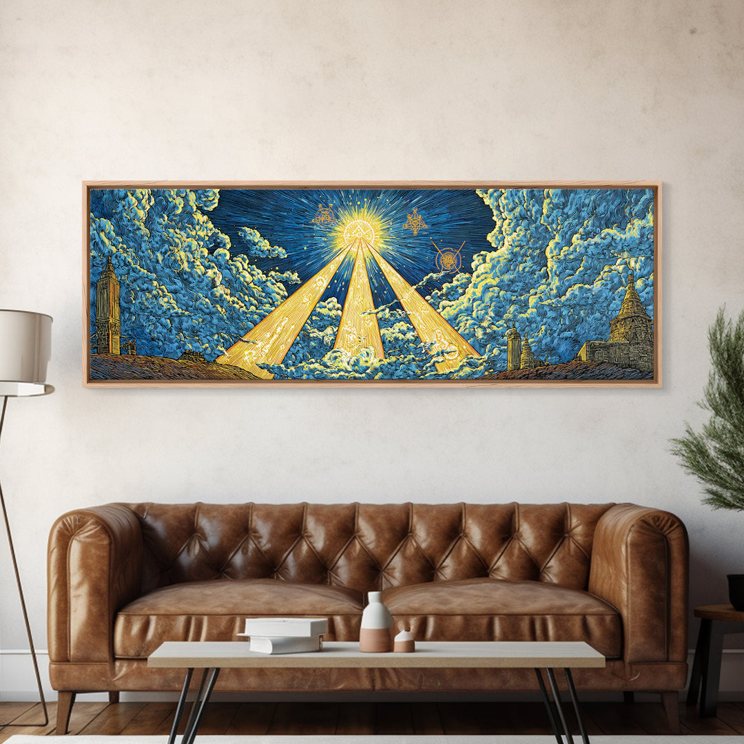 Golden Light Beams Through Clouds Framed Canvas Print, Spiritual Wall Art, Midcentury Modern Poster, Celestial Decor, Sci Fi Wall Decor