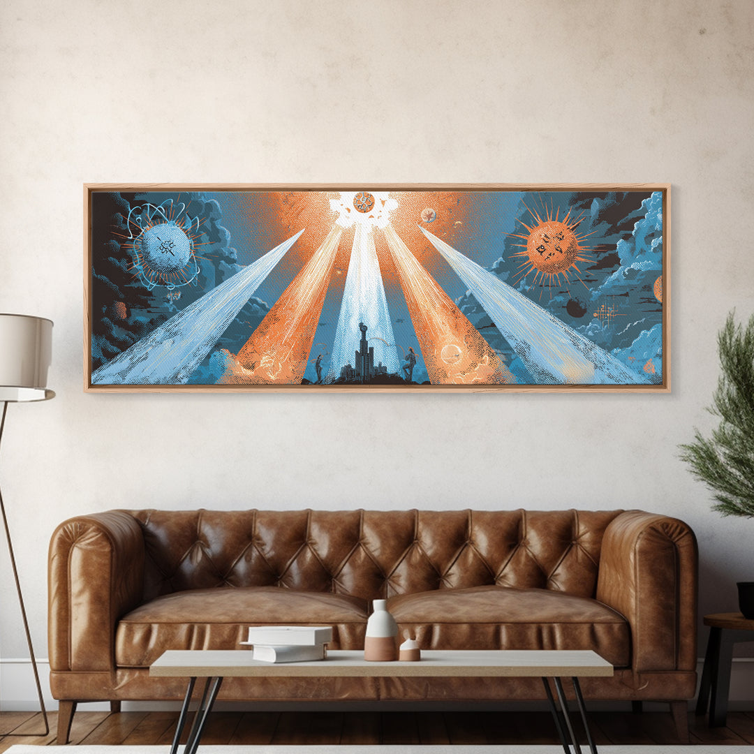 Planetary Spotlights Over Futuristic City Canvas Print, Space Abstract Art, Modern Wall Decor, Retro Sci Fi Poster, Home Office Art
