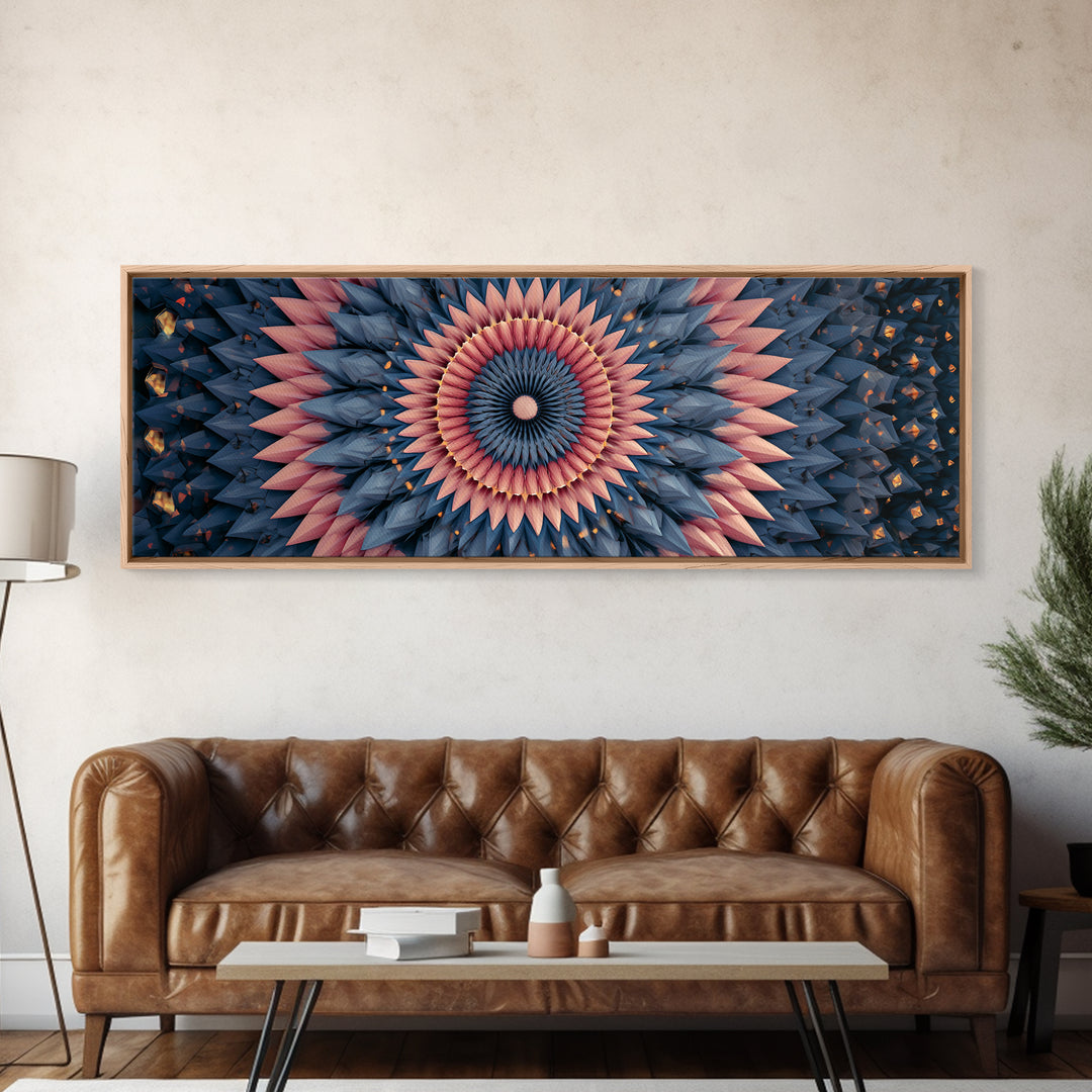 Layered Pink And Navy Geometric Mandala Wall Art, Midcentury Modern Abstract Canvas, Retro MCM Decor, Large Print, Home Decor