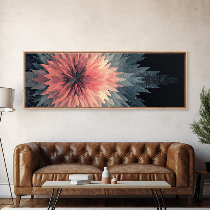 Blush Coral Geometric Flower Canvas Print, Midcentury Modern Wall Art, Abstract Starburst Decor, Large Horizontal Print Gift