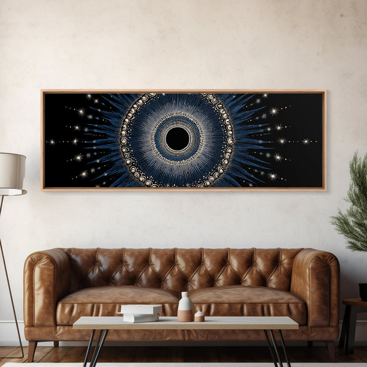 Blue Celestial Eclipse Wall Art, Art Deco Sunburst Mandala, Modern Abstract Print, Gothic Cosmic Framed Canvas Print Decor