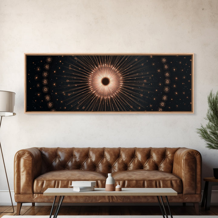 Copper Gold Eclipse Sunburst Wall Art, Modern Art Deco Canvas Print, Cosmic Celestial Decor, Black Gold Statement Print Gift