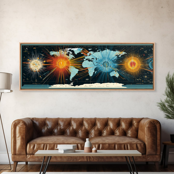 World Map Sunburst Network With Celestial Nodes, Canvas Print, Modern Wall Art, Geographic Abstract Poster For Office Decor
