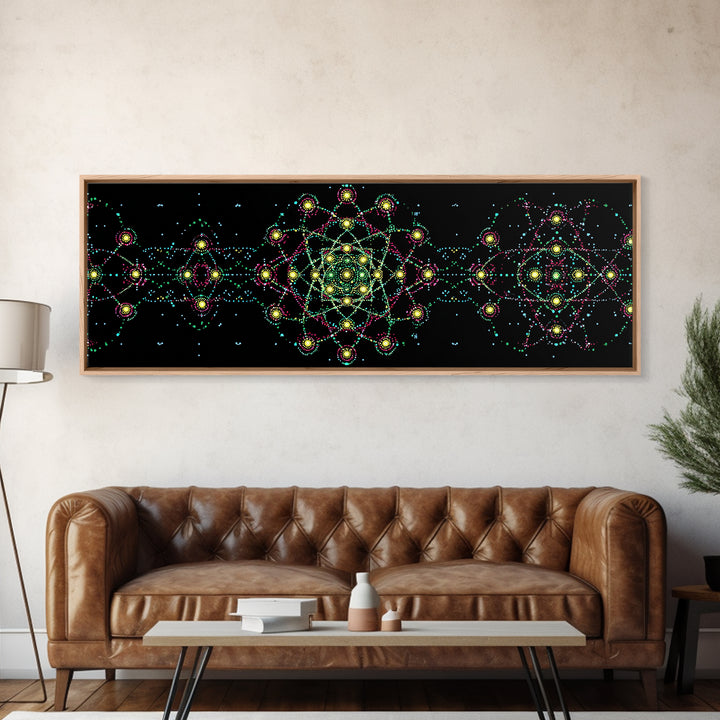 Neon Atomic Mandala Wall Art, Mid Century Modern Space Decor, Retro Science Poster, Psychedelic Geometric MCM Print, Black Wall Decor