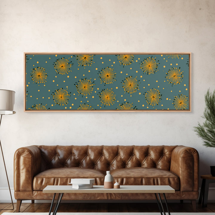 Yellow Starburst Floral Wall Art, Mid Century Modern Print, Retro Atomic Pattern Poster, Teal Kitchen Decor, MCM Art Print