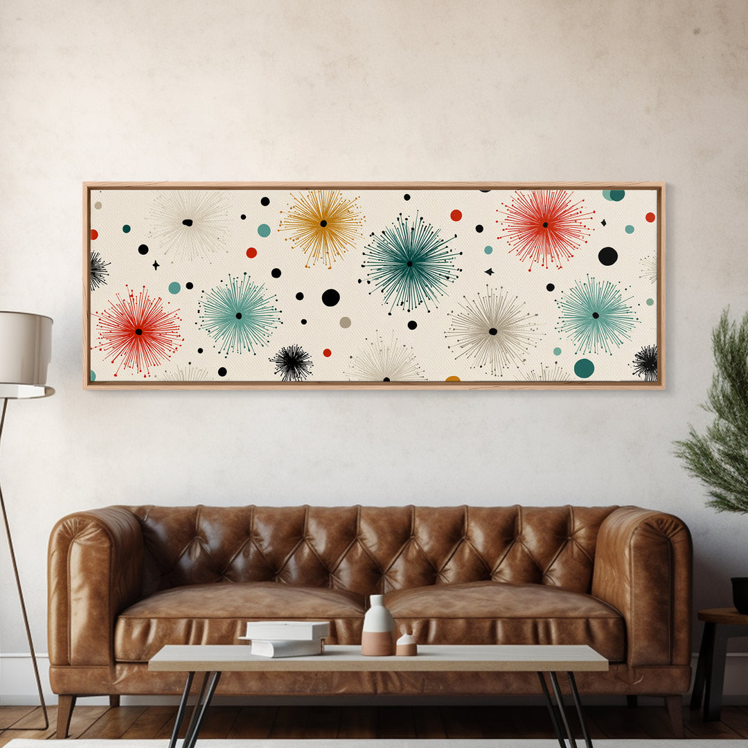 Multicolor Atomic Starburst Wall Art, Mid Century Modern Print, Retro Confetti Pattern Poster, Cream Background MCM Decor