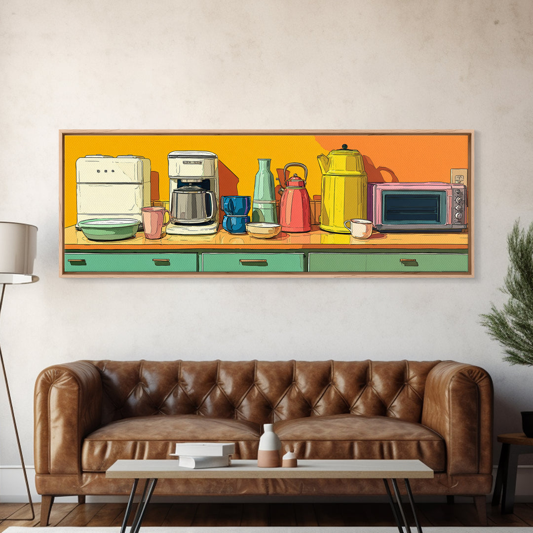 Orange Countertop Coffee Appliances Wall Art, Mid Century Modern Kitchen Print, Retro Toaster Kettle Decor, MCM Poster Print