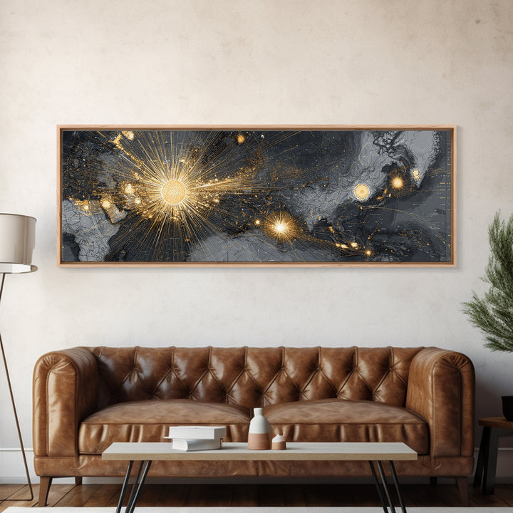 Gold And Charcoal World Map With Radiant Network Lights, Wall Art, Modern Abstract Art Print, Office Decor Statement Poster