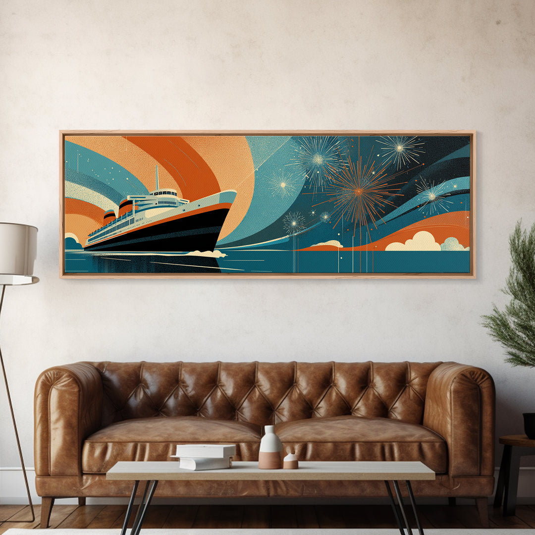 Retro Ocean Liner With Fireworks Wall Art, Mid Century Modern Travel Poster, Cruise Ship Decor, Framed Canvas Print Gift