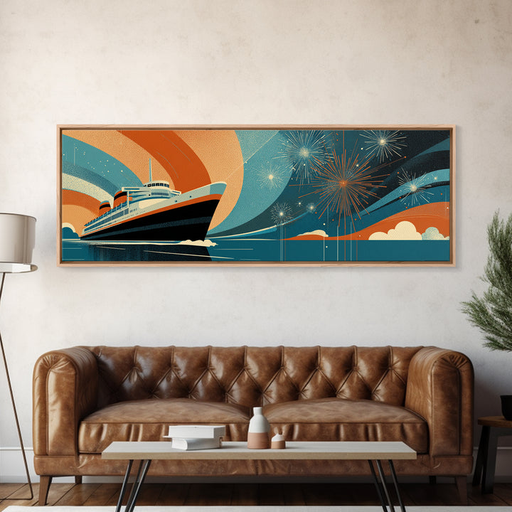Retro Ocean Liner With Fireworks Wall Art, Mid Century Modern Travel Poster, Cruise Ship Decor, Framed Canvas Print Gift
