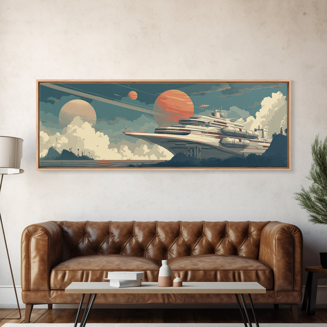 Futuristic Space Cruise Ship Canvas Print, Retro Sci Fi Wall Art, Planet Travel Poster, Modern Home Decor For Office Room