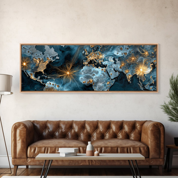 Blue Topographic World Map With Golden City Lights, Canvas Print, Modern Wall Art, Global Abstract Office Decor Poster Print
