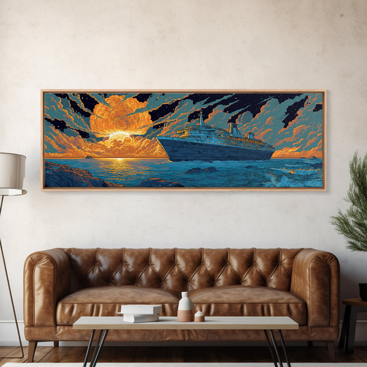 Dramatic Cruise Ship At Sunset Wall Art, Retro Ocean Travel Poster, Sci Fi Seascape Decor, Large Canvas Print Gift For Living Room