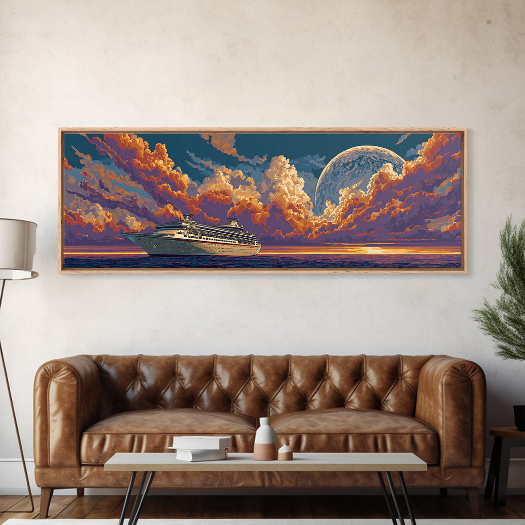 Moonlit Cruise Ship At Orange Ocean Sunset Wall Art, Retro Futuristic Travel Poster, Midcentury Modern Decor Canvas Print
