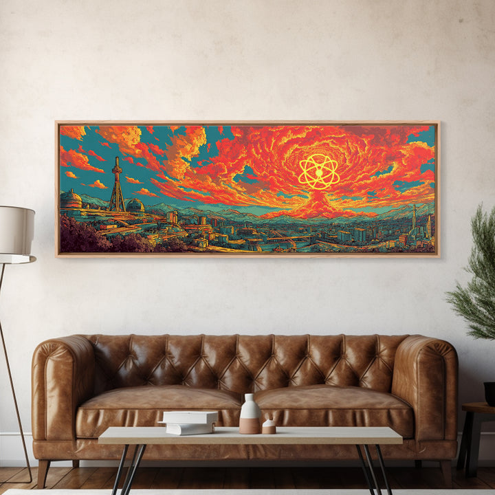 Fiery Atomic Sun Over Retro City Skyline Wall Art, Midcentury Modern Art Print, Bright Abstract Decor, Sci Fi Poster, Home Decor
