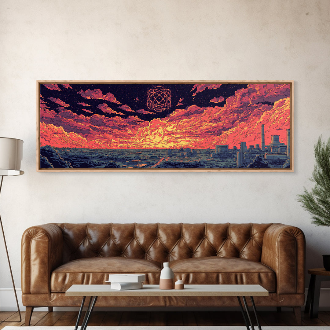 Atomic Sunset Over Industrial Coast Wall Art, Retro Sci Fi Landscape, Midcentury Modern Decor, Colorful Abstract Print, Poster