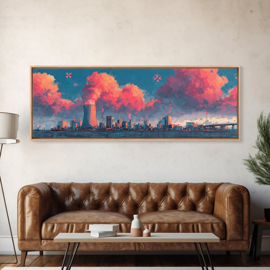 Pink Vapor Clouds Above Nuclear Plant Wall Art, Industrial Skyline Canvas Print, Retro Futuristic Modern Home Decor, Office Decor