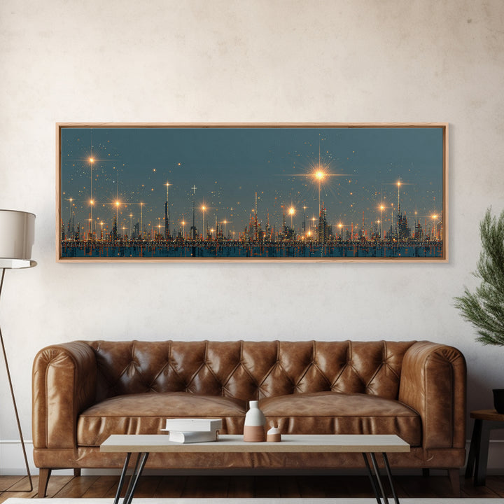 Golden Starbursts Over Night City Skyline Wall Art, Modern Abstract Art Print, Futuristic Urban Decor, Large Canvas Print