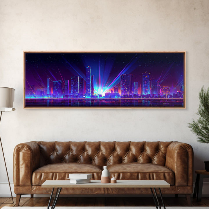 Neon Laser City Skyline At Night Wall Art, Cyberpunk Modern Art Print, Blue Purple Futuristic Decor, Large Canvas Print, Poster