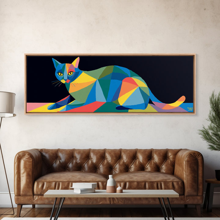 Colorful Low Poly Cat Reclining On Rainbow Shapes, Wall Art, Modern Geometric Art Print, Cat Lovers Gift, Funky Decor Poster