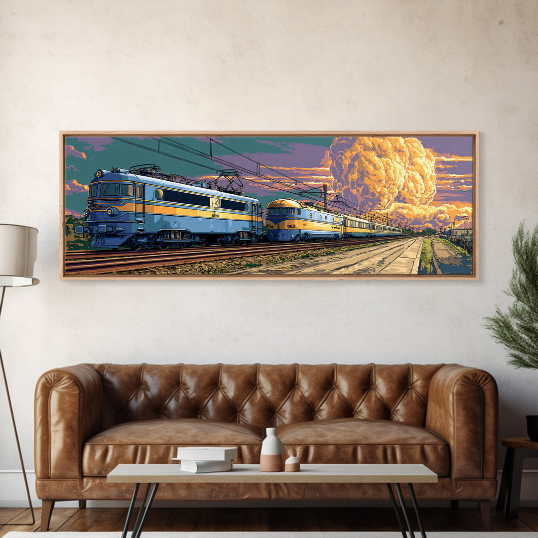Blue Electric Trains Canvas Print, Atomic Explosion Rail Scene, Midcentury Modern Wall Art, Retro Sci Fi Travel Decor Poster