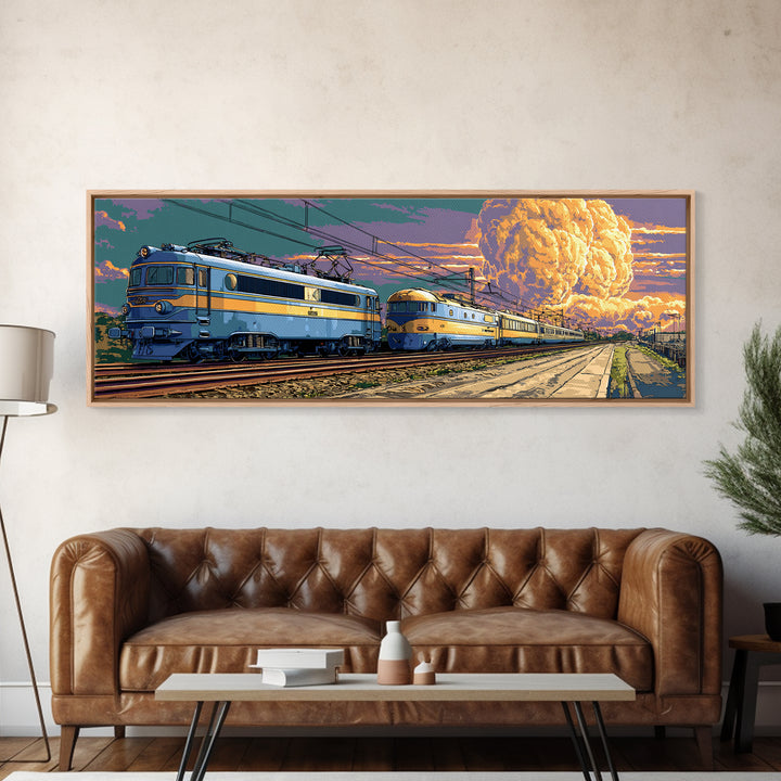 Blue Electric Trains Canvas Print, Atomic Explosion Rail Scene, Midcentury Modern Wall Art, Retro Sci Fi Travel Decor Poster