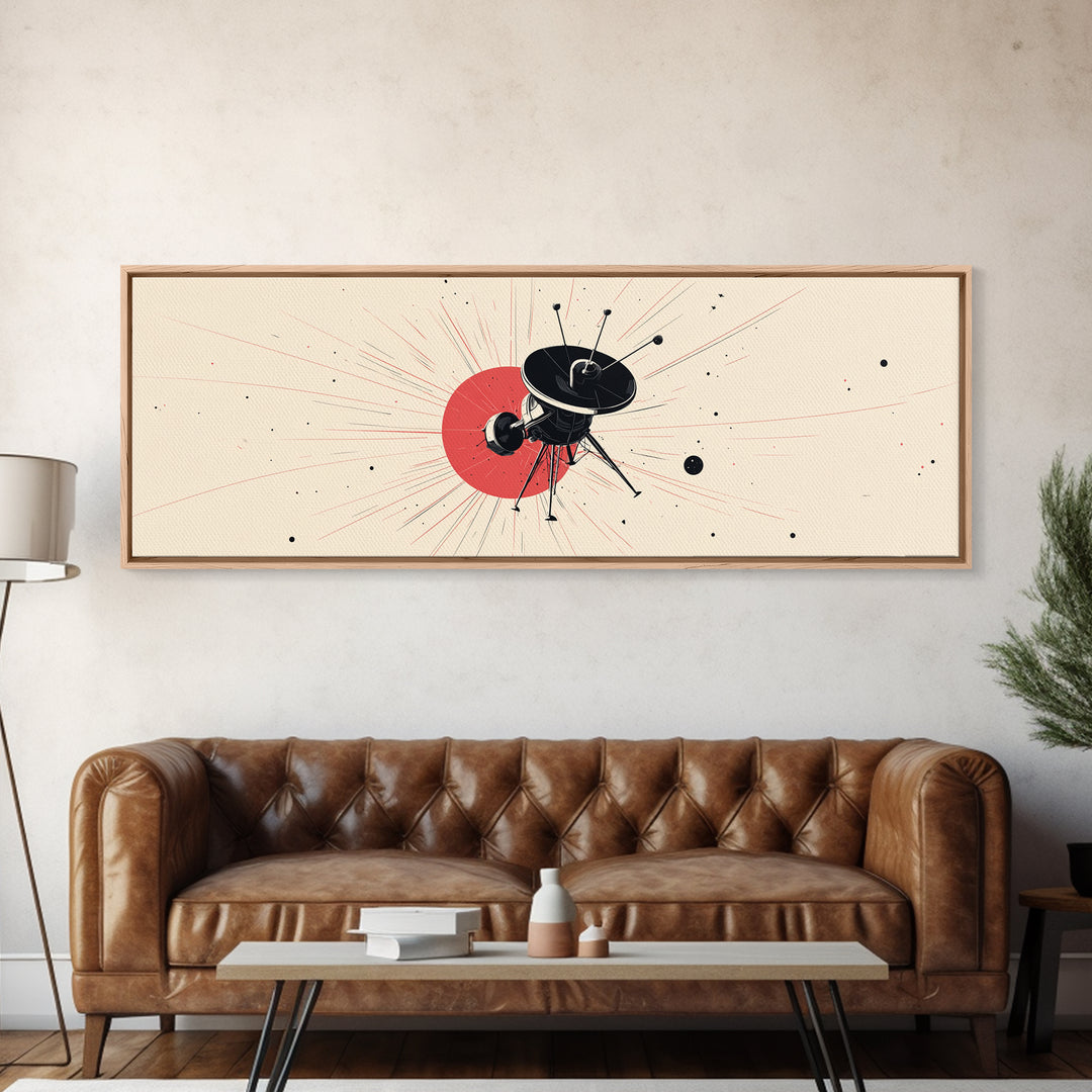 Minimal Black Space Probe Wall Art, Red Sunburst Abstract Satellite Print, Modern Sci Fi Poster, Retro Home Office Decor