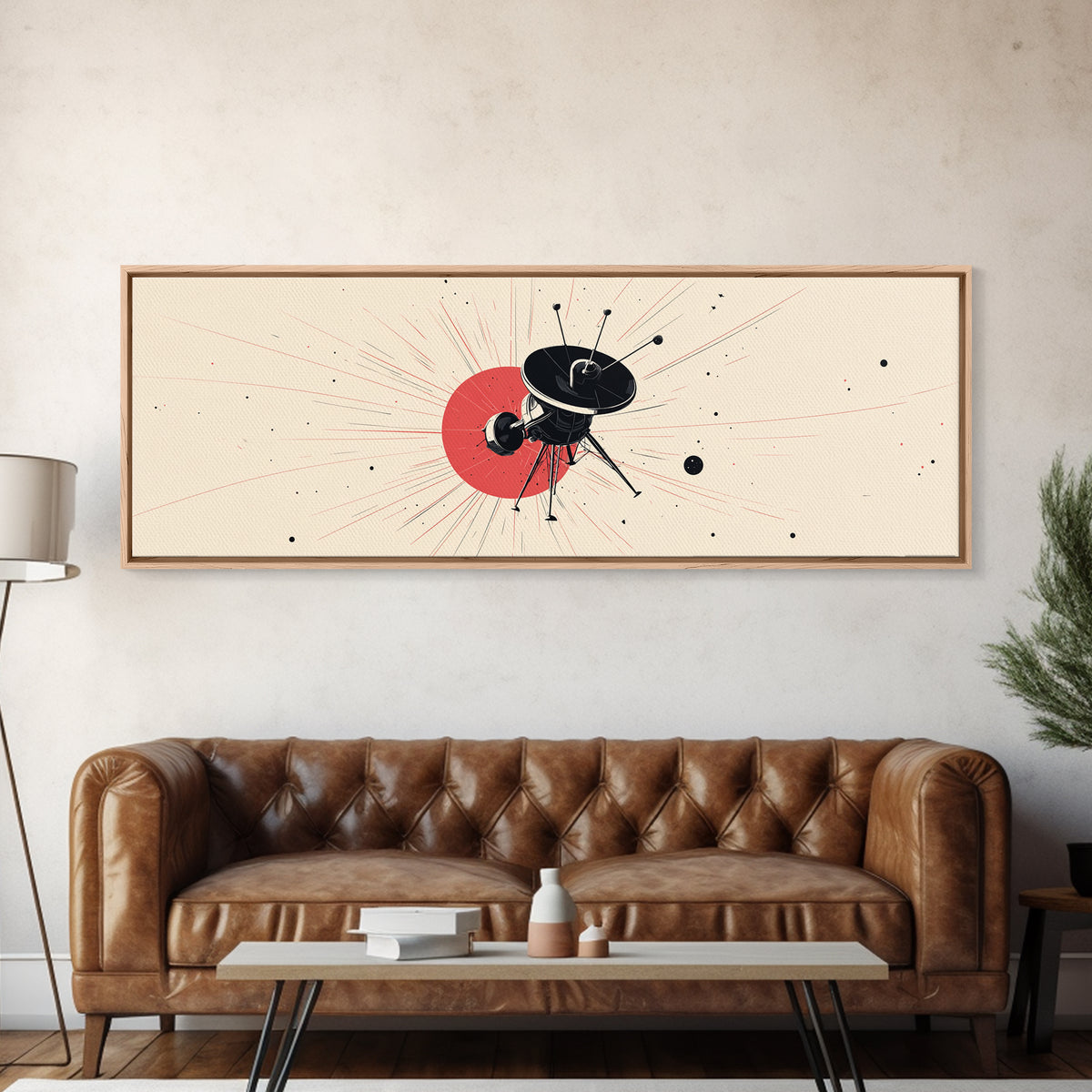 Minimal Black Space Probe Wall Art, Red Sunburst Abstract Satellite Print, Modern Sci Fi Poster, Retro Home Office Decor