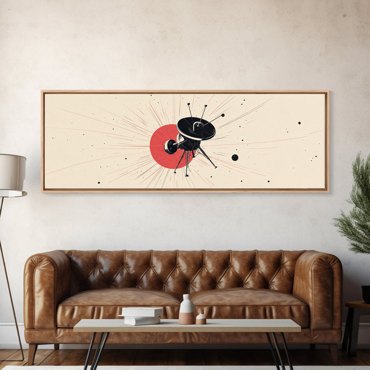 Minimal Black Space Probe Wall Art, Red Sunburst Abstract Satellite Print, Modern Sci Fi Poster, Retro Home Office Decor