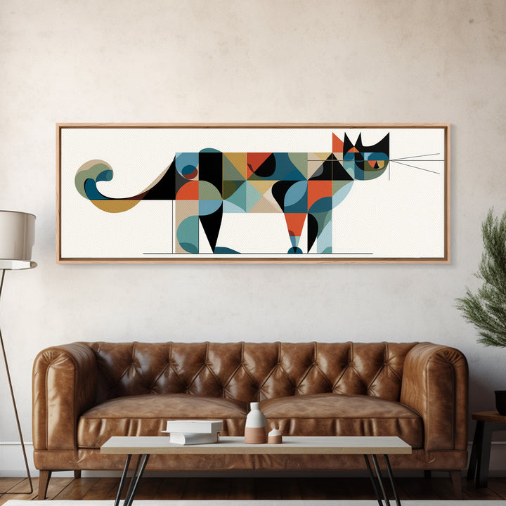Abstract Mid Century Cat With Geometric Shapes, Canvas Print, Modern Wall Art, Bauhaus Poster, Minimalist Home Decor Print