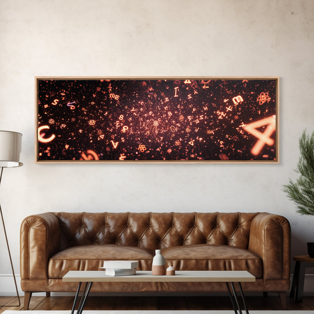 Glowing Orange Symbol Field Wall Art, Abstract Math Particle Poster, Modern Digital Art, Sci Fi Futuristic Office Decor Print