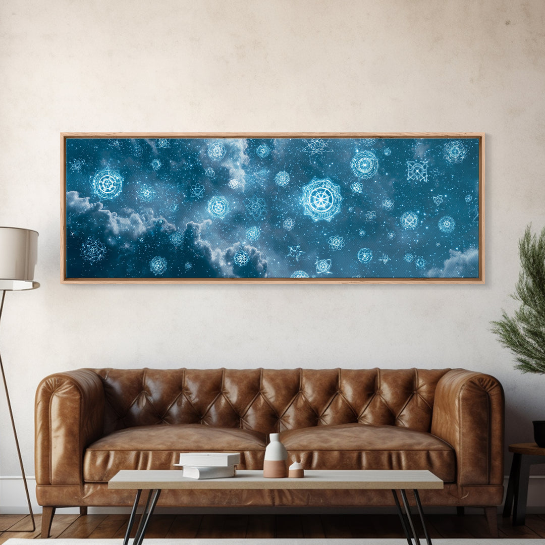 Glowing Teal Celestial Mandala Cloudscape Wall Art, Spiritual Geometric Art Print, Modern Home Decor, Cosmic Sky Poster For Bedroom