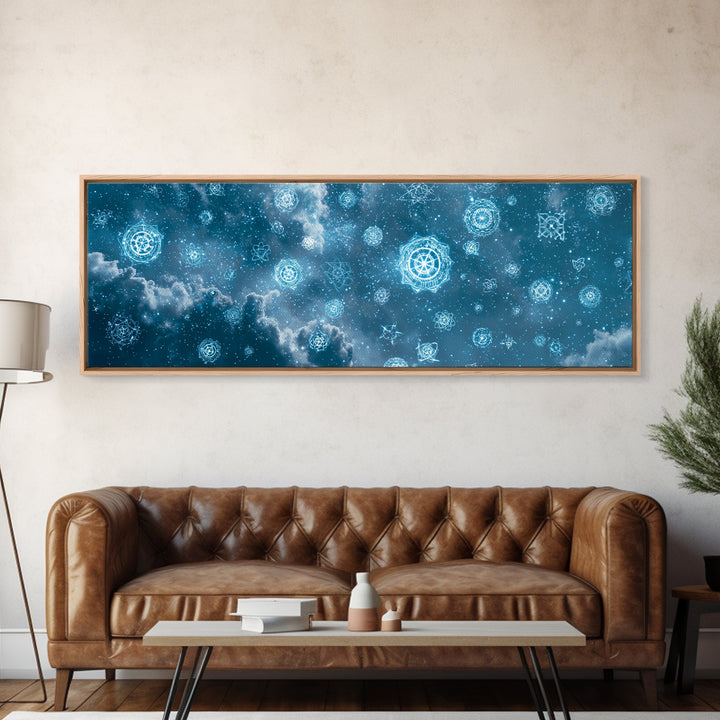 Glowing Teal Celestial Mandala Cloudscape Wall Art, Spiritual Geometric Art Print, Modern Home Decor, Cosmic Sky Poster For Bedroom