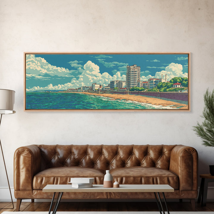 Sunny Coastal City Beach And Turquoise Sea Wall Art, Retro Travel Poster, Midcentury Modern Decor, Ocean Living Room Print
