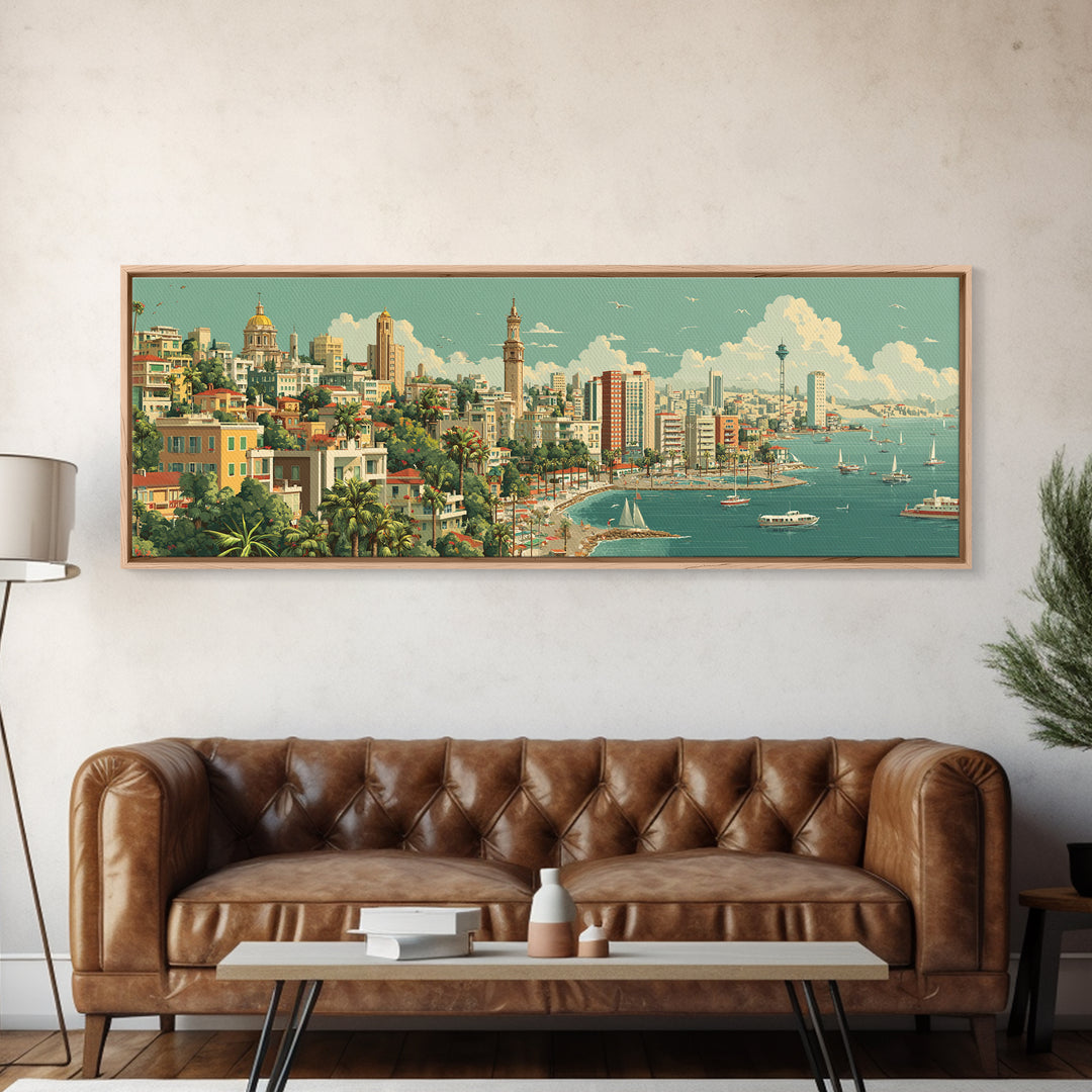 Lush Harbor City Skyline With Boats Canvas Print, Retro Travel Wall Art, Midcentury Modern Decor, Coastal Living Room Poster