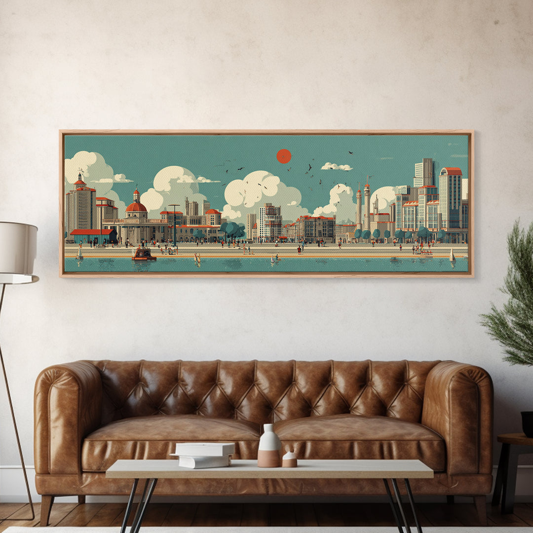 Retro Waterfront Promenade With Red Sun Wall Art, Midcentury Modern City Poster, Coastal Travel Print, Living Room Decor