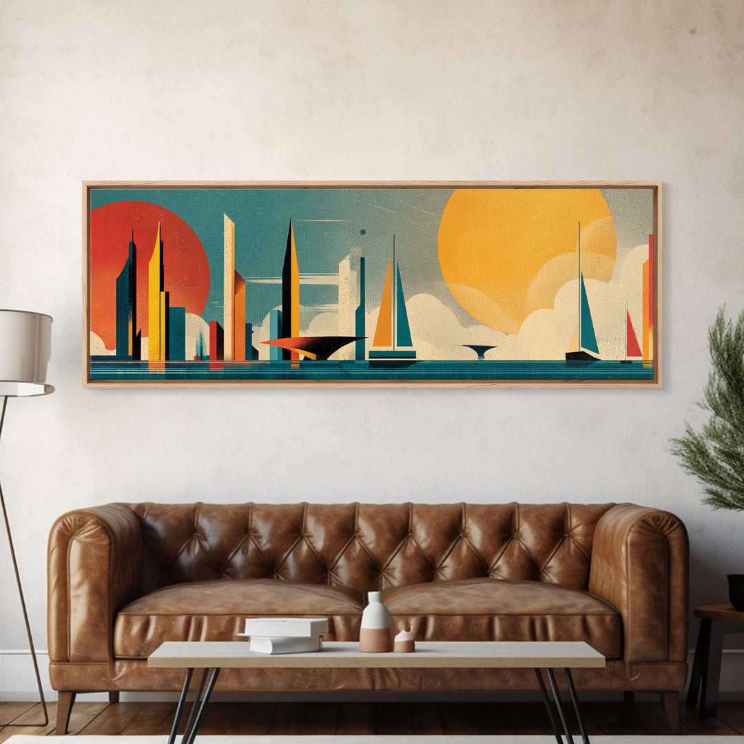 Futuristic Sailboat Skyline With Red And Yellow Suns Wall Art, Midcentury Modern Abstract Poster, Geometric Coastal Decor