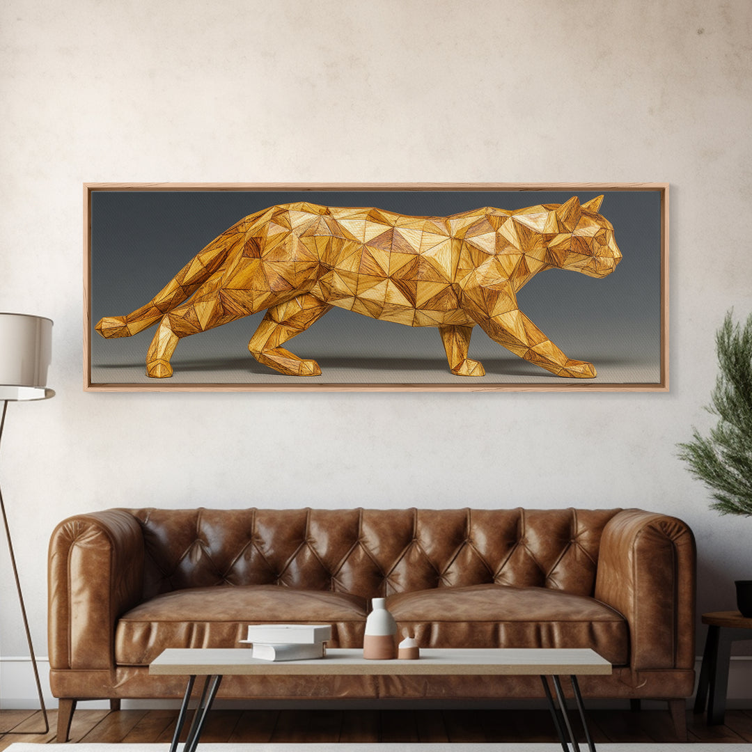Golden Low Poly Panther Sculpture In Faceted Geometry, Framed Canvas Print, Modern Wall Art, Geometric Animal Decor Statement Poster