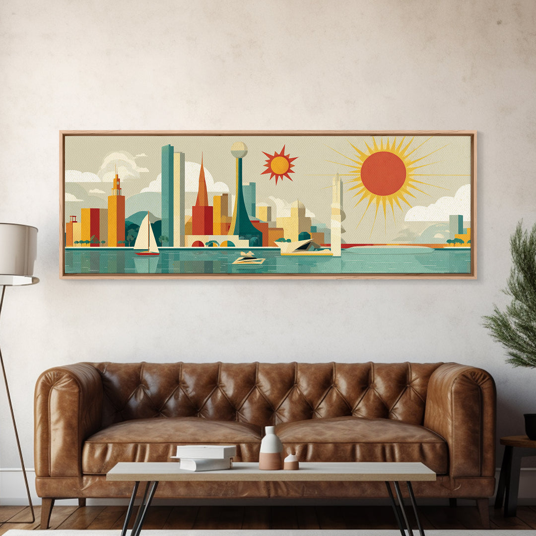 Modern Marina Skyline With Giant Sun Canvas Print, Midcentury Modern Wall Art, Retro Travel Poster, Coastal Home Decor Print