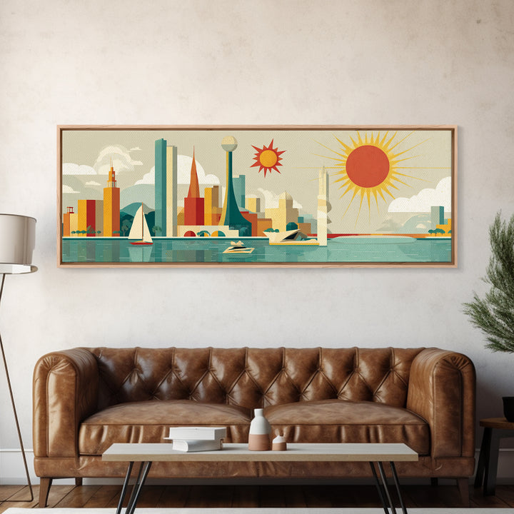 Modern Marina Skyline With Giant Sun Canvas Print, Midcentury Modern Wall Art, Retro Travel Poster, Coastal Home Decor Print