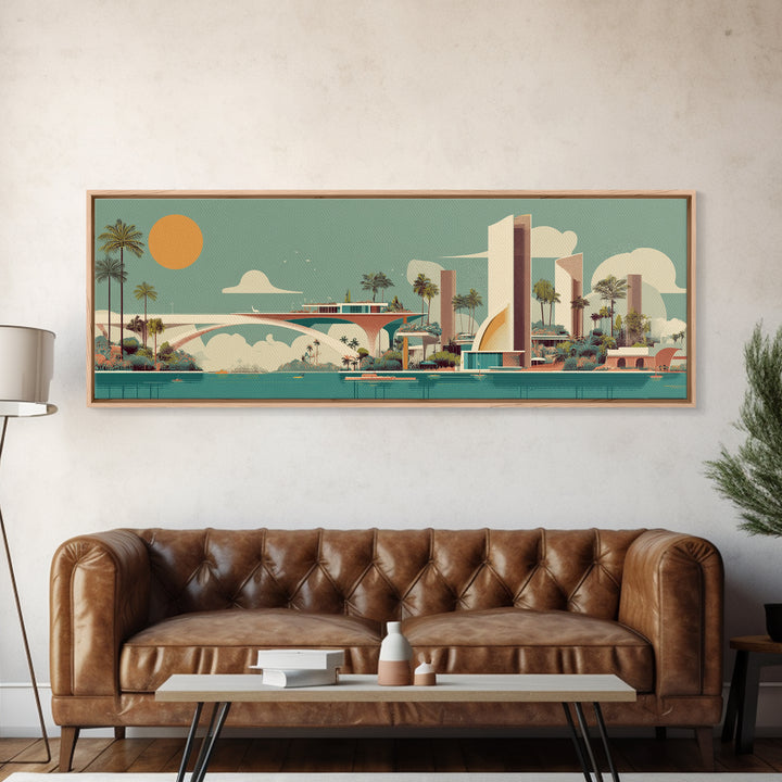 Retro Futurist Palm Springs Marina Wall Art, Mid Century Modern Canvas Print, Atomic Resort Decor, Orange Sun Large Poster