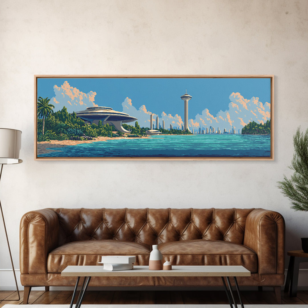 Retro Futuristic Seattle Skyline Large Canvas Print, Space Needle Wall Art, Midcentury Modern Decor, Sci Fi Travel Poster