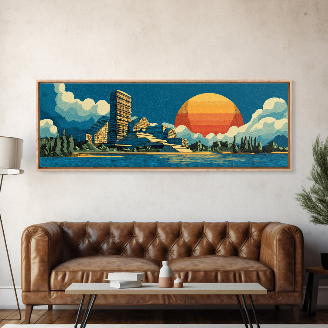 Mountain Lake Modernist Resort Wall Art, Midcentury Modern Canvas Print, Scenic Sunset Landscape, Large Retro Home Decor